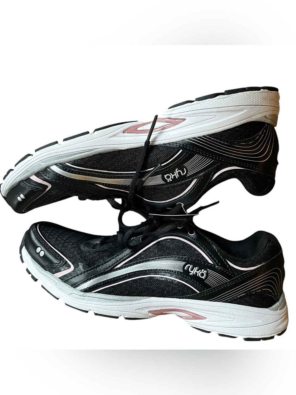 US 7 Ryka Sky Walk Memory Foam Sneakers - Black with White Pink Accents